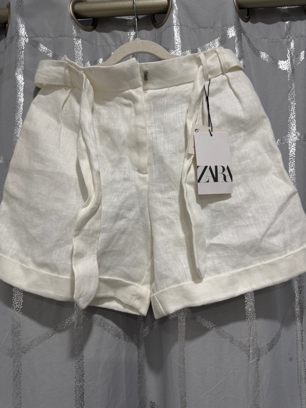 ZARA White High-Waist Tie Linen Shorts